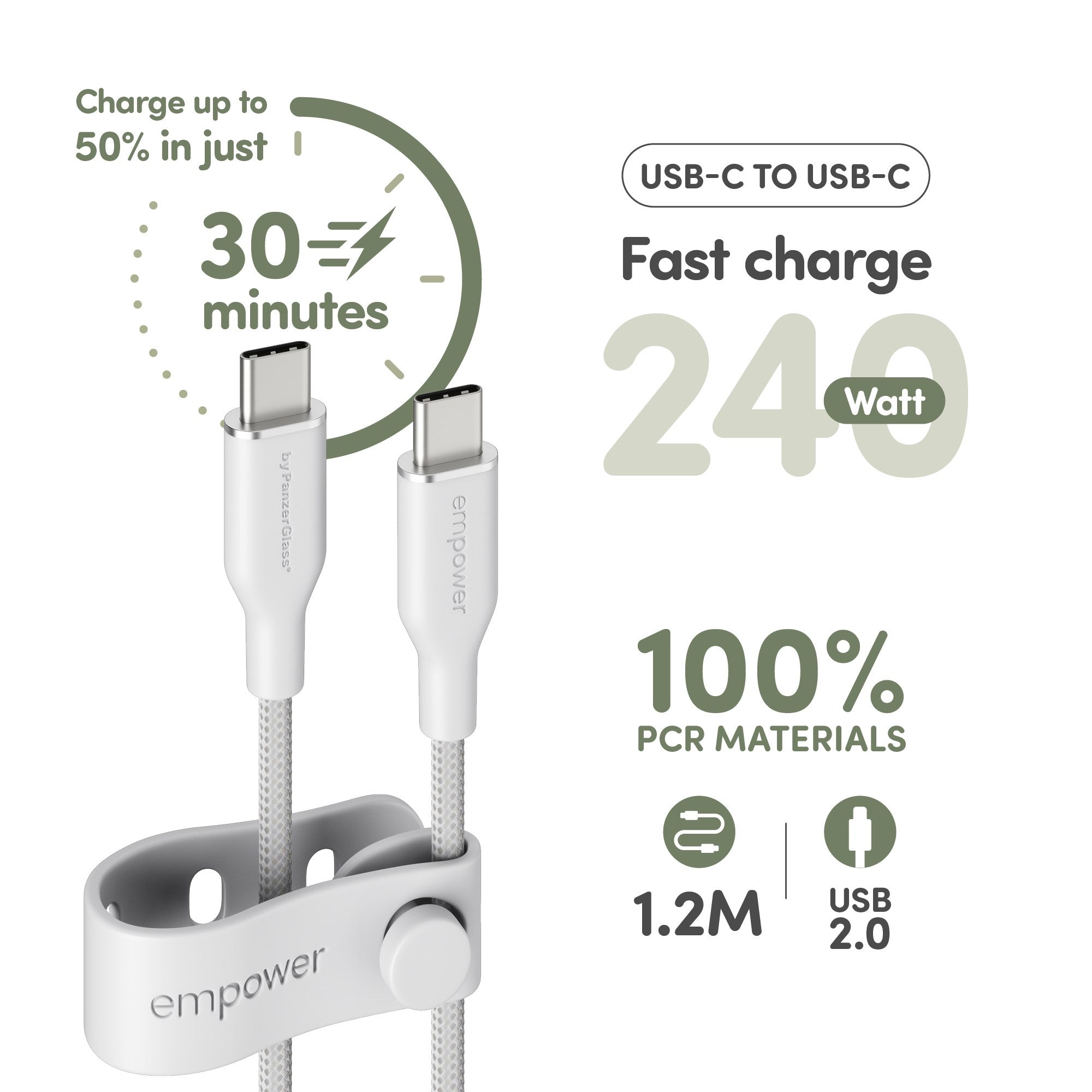 empower by PanzerGlass® Racing 240W USB-C to USB-C Kabel | USB 2.0 | 1.2M | Silber Weiss